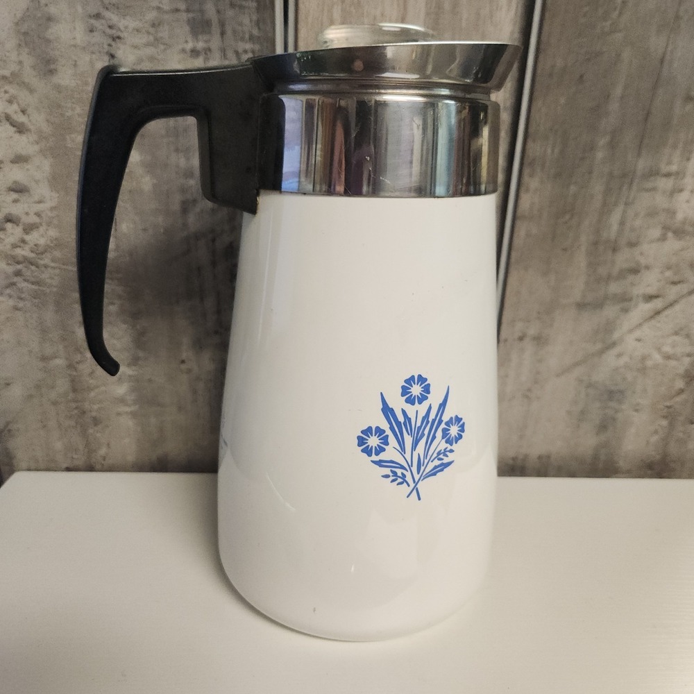 Vintage Corelle Ware Cornflower 9 Cup 10" Stove Top Coffee Tea Pot Percolator
